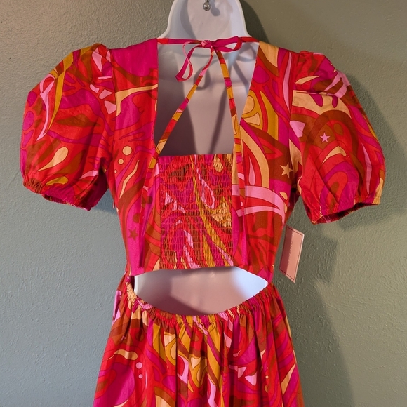 Pink Printed Puff Sleeve Maxi Dress V-neck Empire waist full Skirt NWT Size XS - Picture 4 of 7
